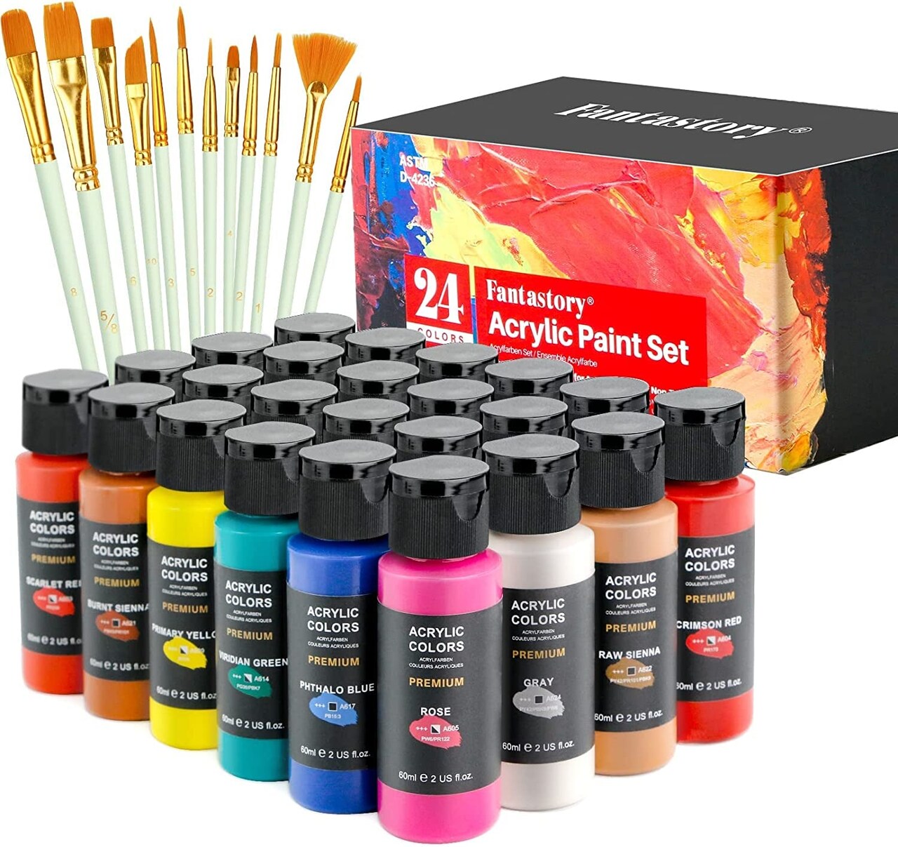 Acrylic Paint Set with 12 Brushes, 24 Colors(2Oz/60Ml) Craft Paint Supplies  for Adults Artists Kids Beginners, Painting Supplies for Ceramic, Wood,  Fabric, Model, Rock, Canvas Paint Set